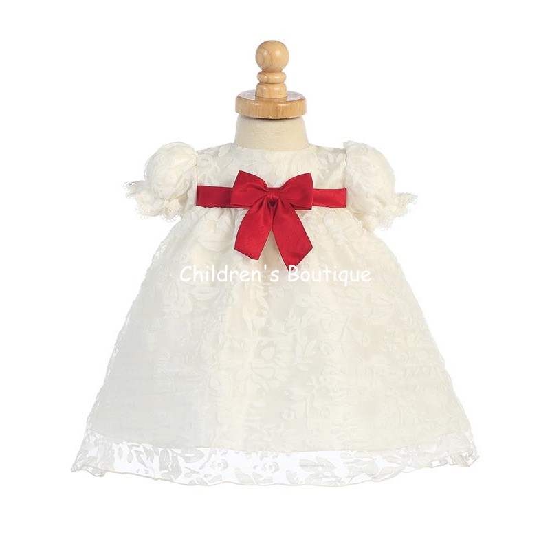 Ivory Organza Burnout Baby Dress With Red Taffeta Bow